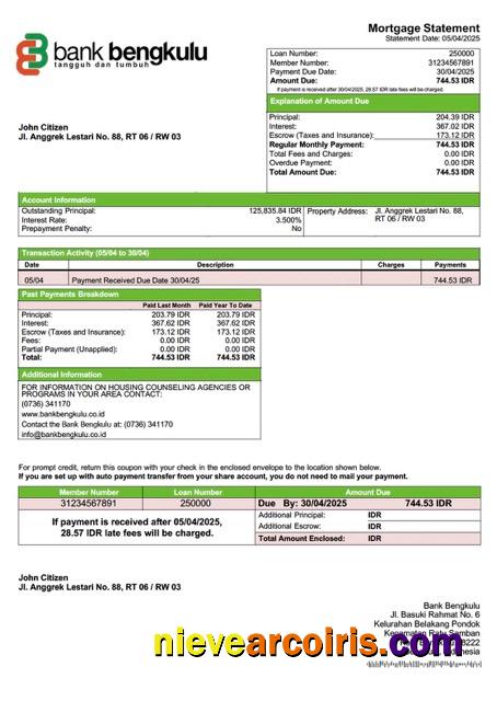 Indonesia Bank Bengkulu mortgage statement Word and PDF template